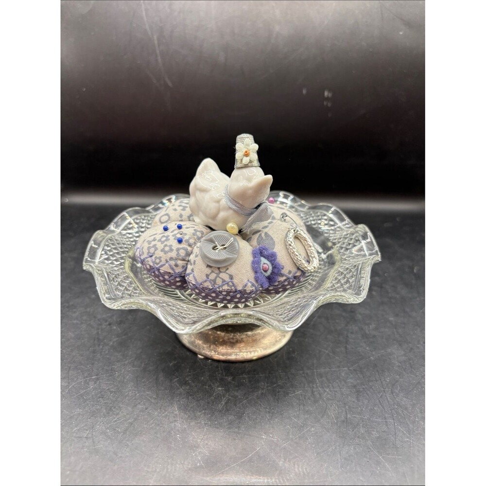 Handcrafted Ceramic Duck Pin Cushion in Lavender and Cream on Glass Dish